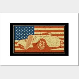 Hot Rod On USA Flag Posters and Art